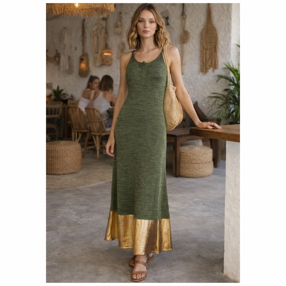 JW Anderson Green Metallic Knit Maxi Dress Gold Foil Coated Medium Designer NWT - Picture 2 of 13